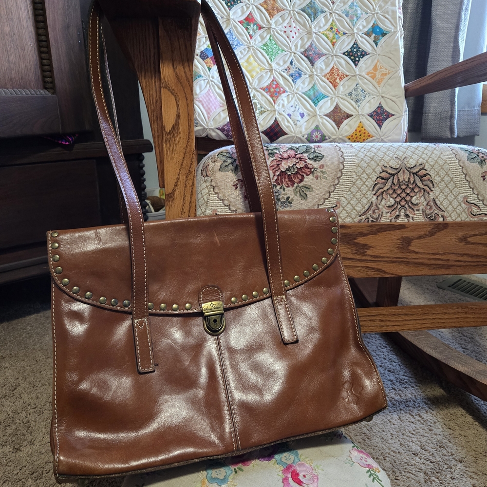 Patricia Nash Tan Leather Shoulder Bag with Stud Accents